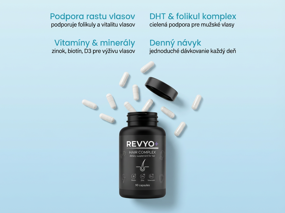 Fľaša REVYO na modrom pozadí s kapsulami, grafika s bodmi o podpore rastu vlasov a dennom návyku.