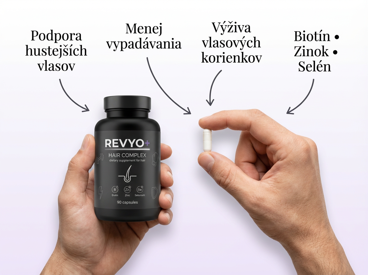 Ruky držia fľašu REVYO a kapsulu, infografika so šípkami a textom o zložkách a benefitoch.