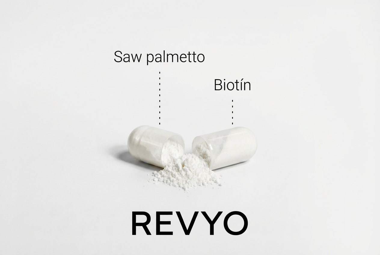 Dve otvorené kapsuly s práškom, popisky „Saw palmetto“ a „Biotín“, logo REVYO na pozadí.