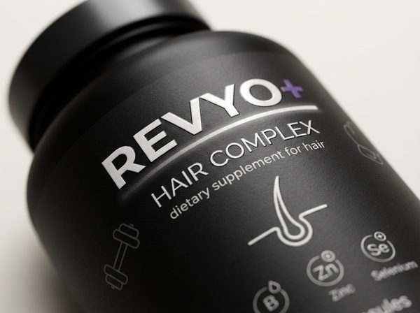 Detail etikety čiernej fľaše REVYO Hair Complex na svetlom pozadí (close-up).