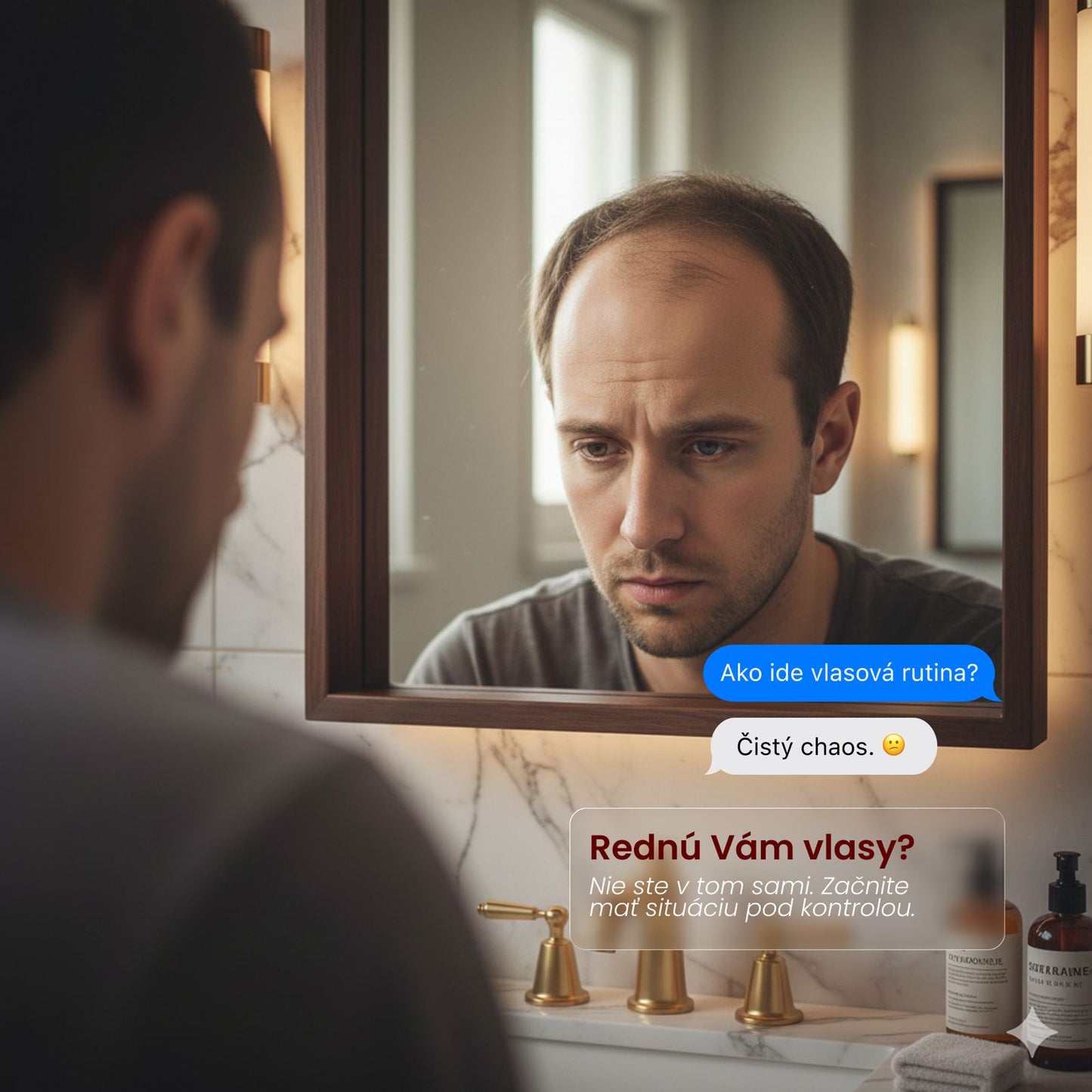 Muž sa pozerá do zrkadla v kúpeľni, textové bubliny a nadpis „Rednú vám vlasy?“