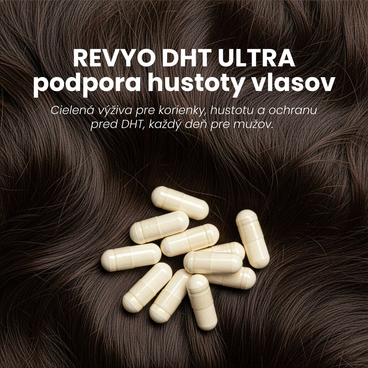 REVYO DHT ULTRA – kapsuly na pozadí vlasov, banner s textom o podpore hustoty vlasov.